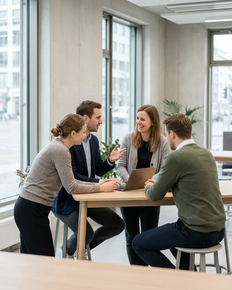 Vier Kolleginnen und Kollegen besprechen gemeinsam etwas am Laptop